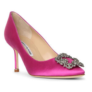 Manolo Blahnik Hangisi 70 Spur Pink Satin Jewel Crystal Buckle Heel Pump 39.5